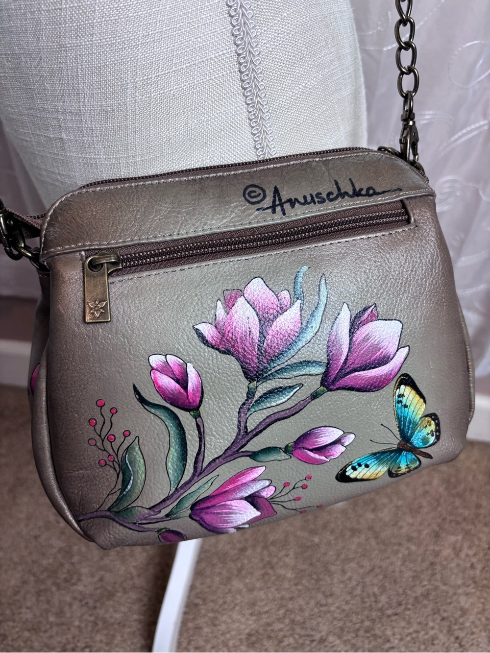Anuschka Olive Leather Crossbody with Hand-Painted Butterflies & Florals - Picture 2 of 16